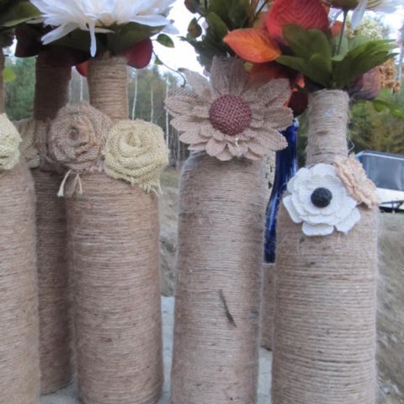 Assorted Rustic Beer Bottle Centerpieces | Twine | Home  Rustic Wedding Centerpieces Twine Wrapped Wine Bottles Boho Wedding Centerpiece